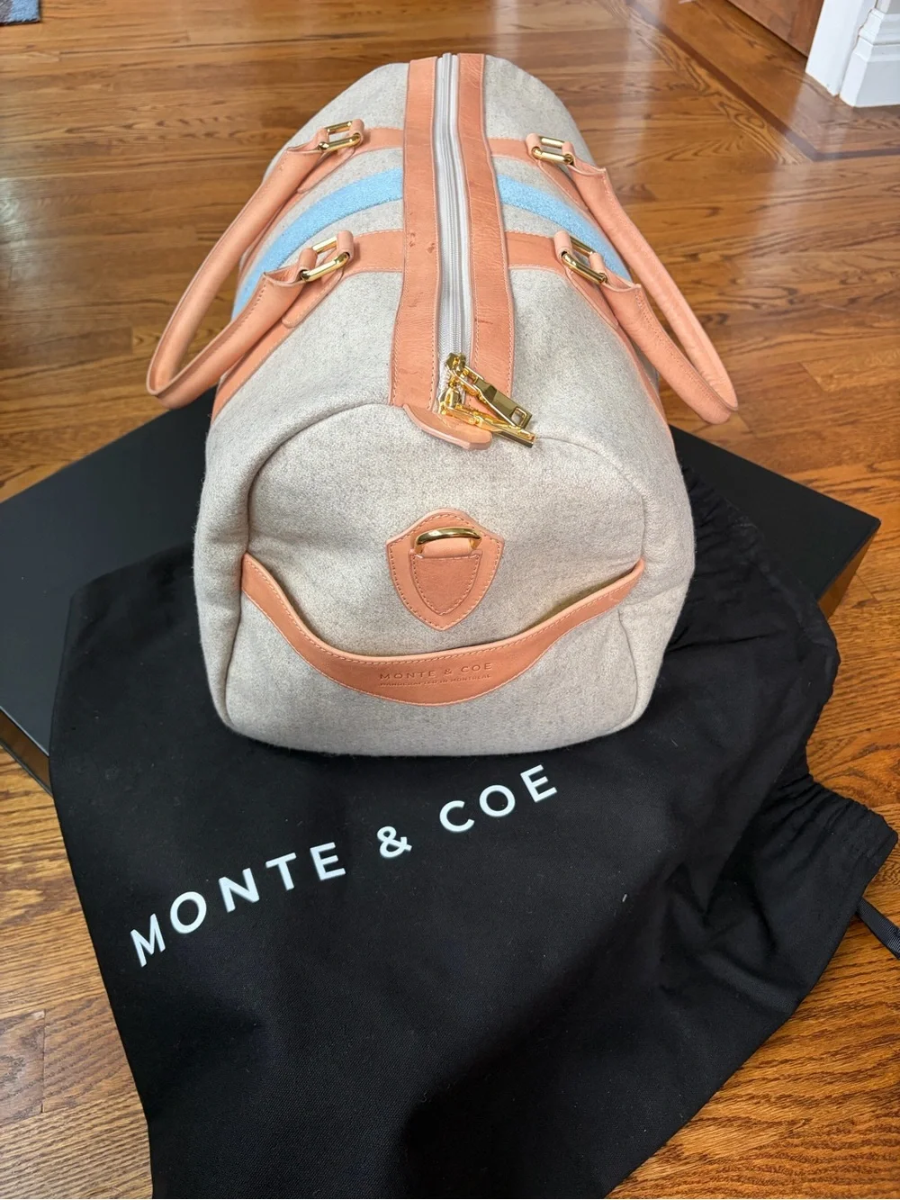 Monte & Coe Beige Canvas and Tan wool and Leather Weekender with Blue Stripe